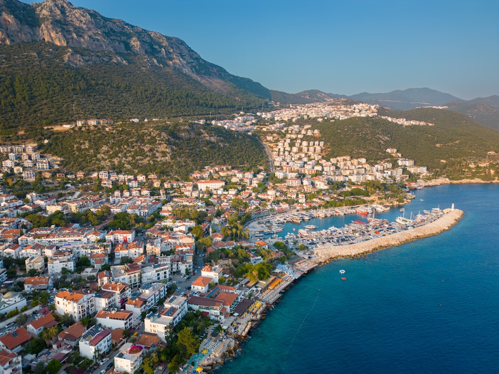 an aerial view of a city on the coast