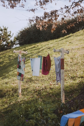 Colorful clothes hang on a rustic wooden line strung between two posts, set against a grassy hillside under a blue sky with scattered clouds and overhanging branches with autumn leaves.