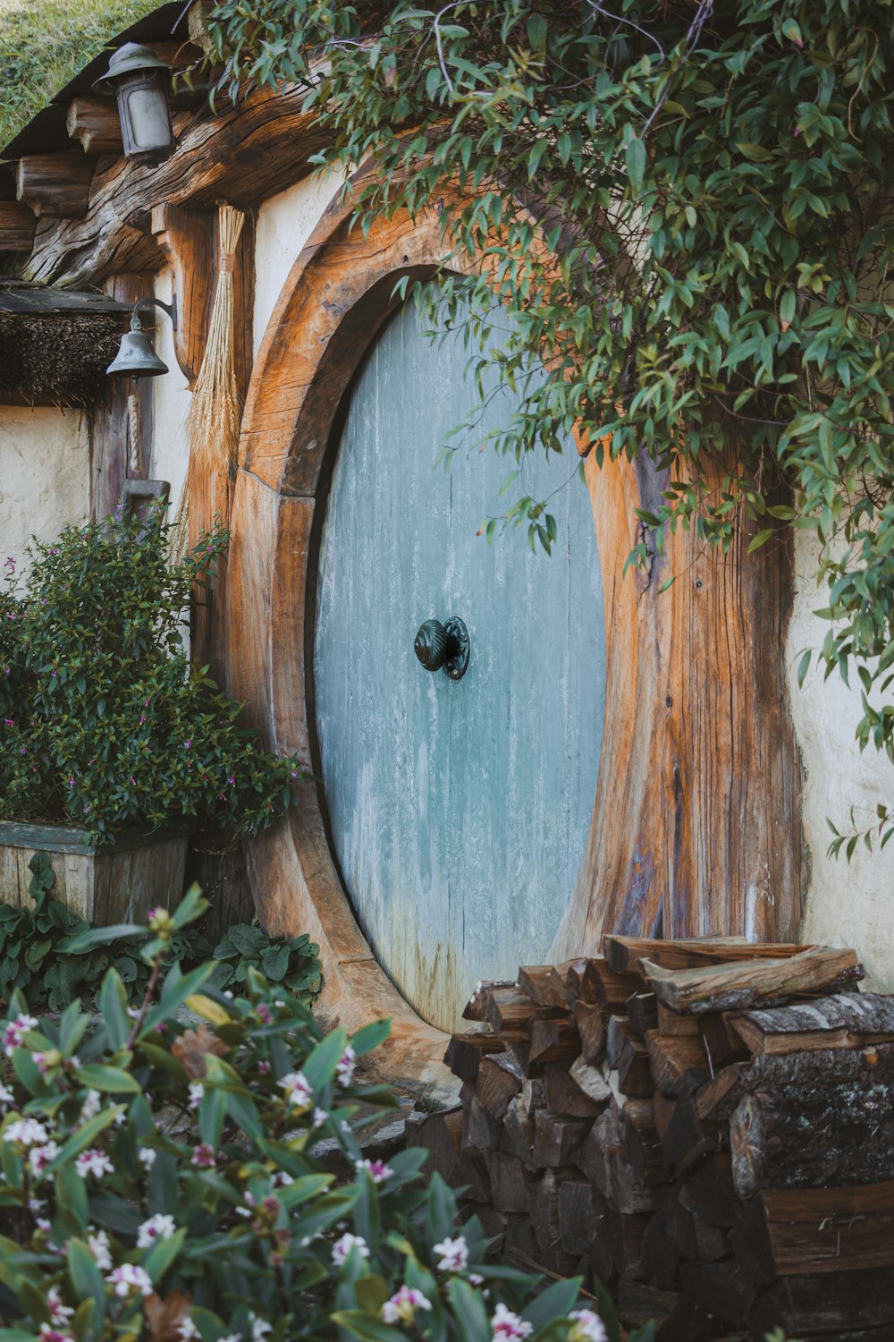 a hobbot house with a blue door surrounded by greenery