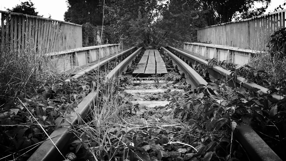 Una foto in bianco e nero di un binario ferroviario