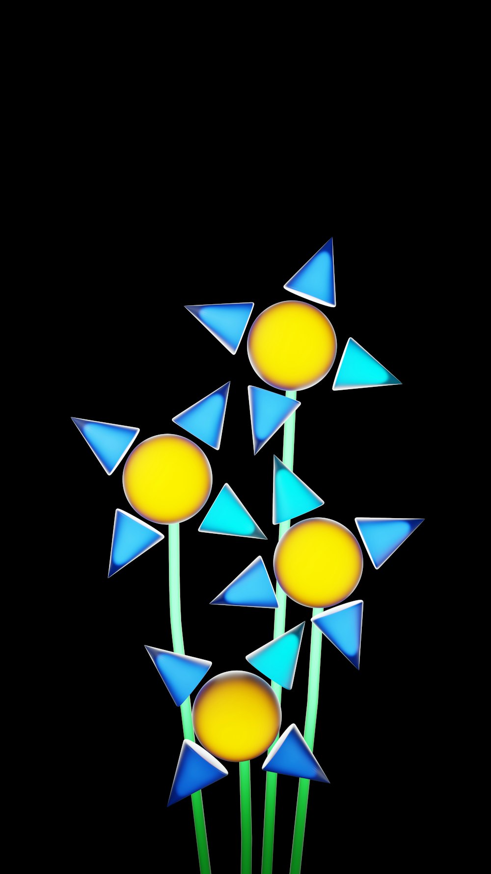 a group of blue and yellow flowers on a black background