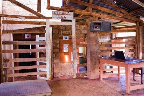 An interior setting with wooden panel structures, a table with a laptop, a wall-mounted digital display, and a sign reading 'Weighing Area'. Sunlight illuminates the rustic wooden and stone materials. A small opening labeled 'Office' is visible, alongside a first aid sign.