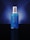 A blue bottle with a silver cap is centered against a dark blue gradient background. The bottle features white text displaying its brand and product name.