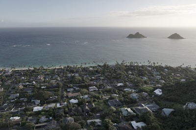 A coastal residential area with numerous houses surrounded by lush greenery and palm trees, leading up to a sandy beach along a calm ocean. Two small islands are visible in the distance, under a clear sky.