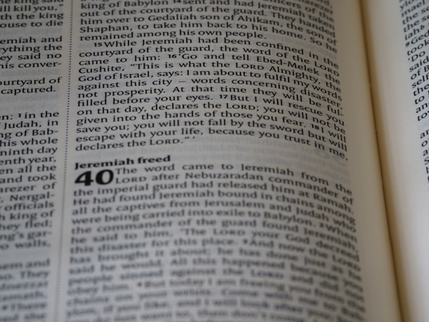 An open page of a book features text, with a passage titled 'Jeremiah freed' noticeable at the start of a new chapter numbered 40. The focus is on the text which is clearly legible and features a column format, typical of a Bible or religious text.