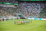 A large sports stadium is filled with spectators, the majority wearing green shirts, creating a vibrant and energetic atmosphere. In the foreground, a group of individuals dressed in blue shirts are carrying a large flag across the field. Stadium staff and officials are positioned near the field and among the crowd.