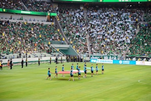 A large sports stadium is filled with spectators, the majority wearing green shirts, creating a vibrant and energetic atmosphere. In the foreground, a group of individuals dressed in blue shirts are carrying a large flag across the field. Stadium staff and officials are positioned near the field and among the crowd.