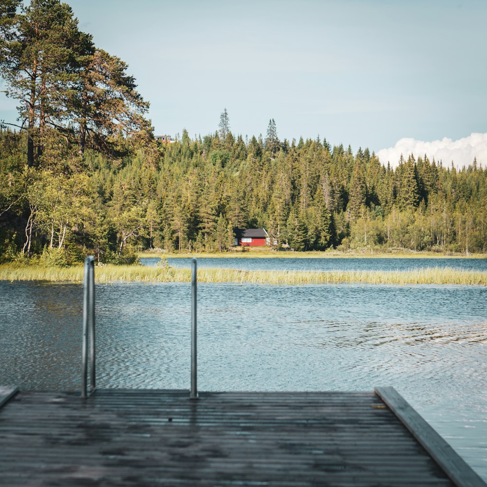 a dock on a lake with a house in the background