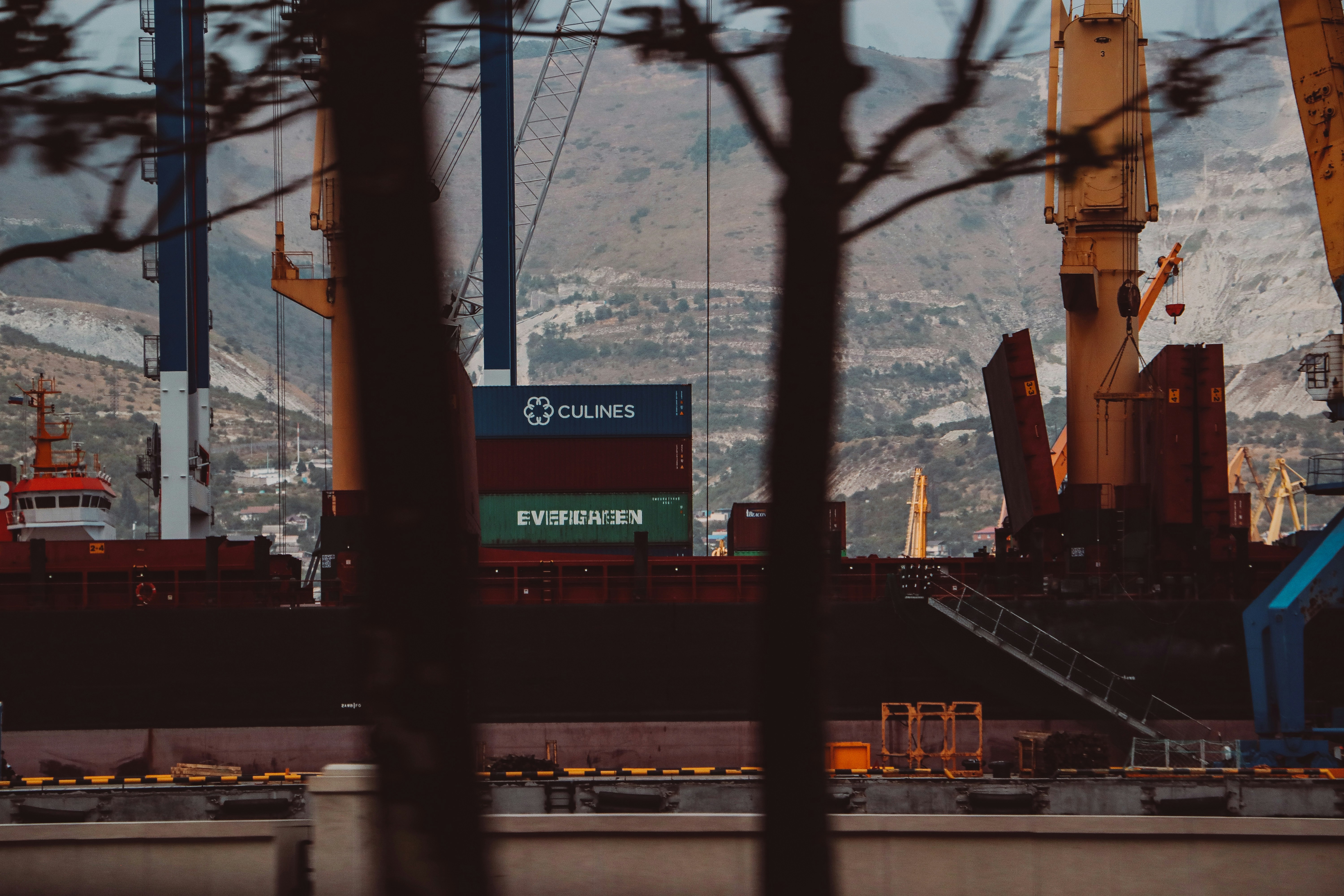 a large cargo ship in a harbor with mountains in the background