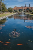 A serene garden scene with a large pond in the foreground, featuring orange fish swimming near the surface and a water lily with labeled signage. Behind the pond, there is a traditional-style house with a red-tiled roof and chimney. People stroll along the path beside the pond, surrounded by manicured lawns and lush trees under a clear blue sky.