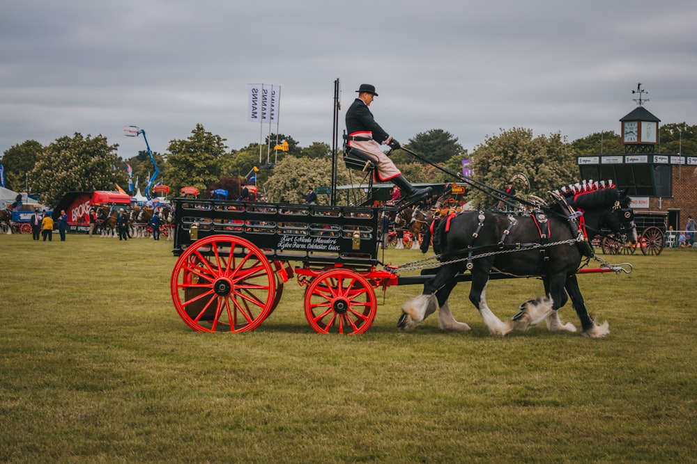 a man riding on the back of a horse drawn carriage