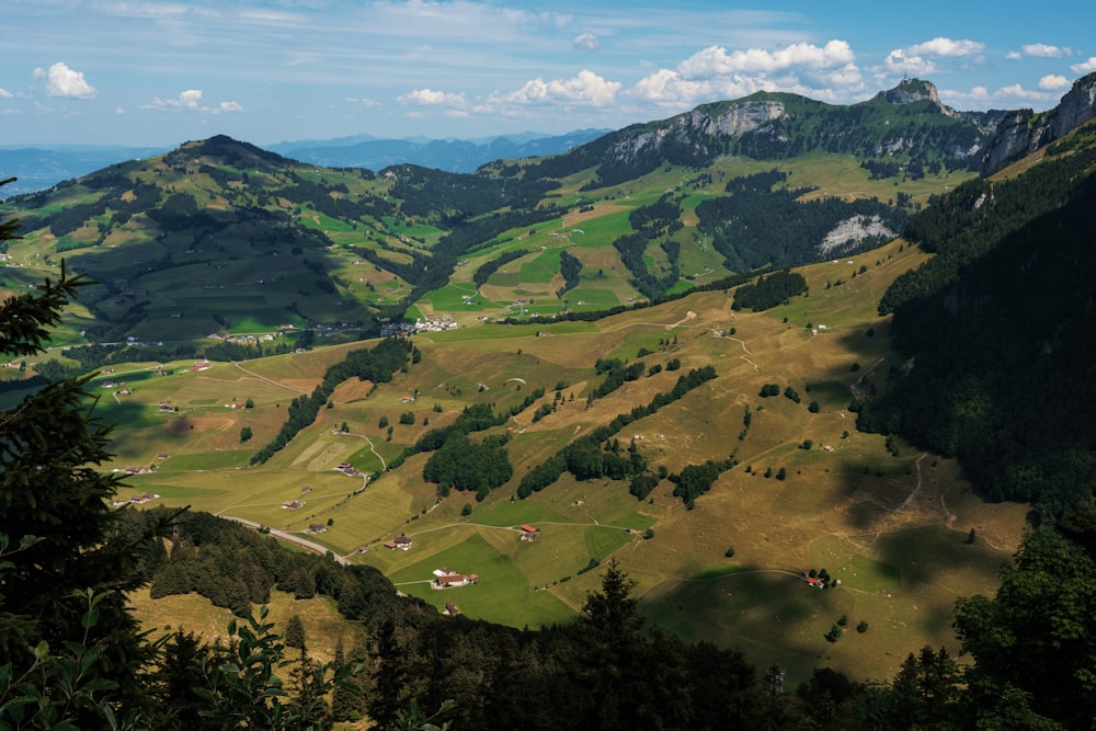 a view of a valley with mountains in the background