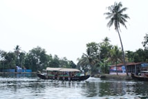 A traditional houseboat floats on a calm body of water surrounded by tropical greenery and palm trees. The scene includes a few small buildings or huts on the right side along the water's edge. The sky is clear, adding to the serene atmosphere of the setting.