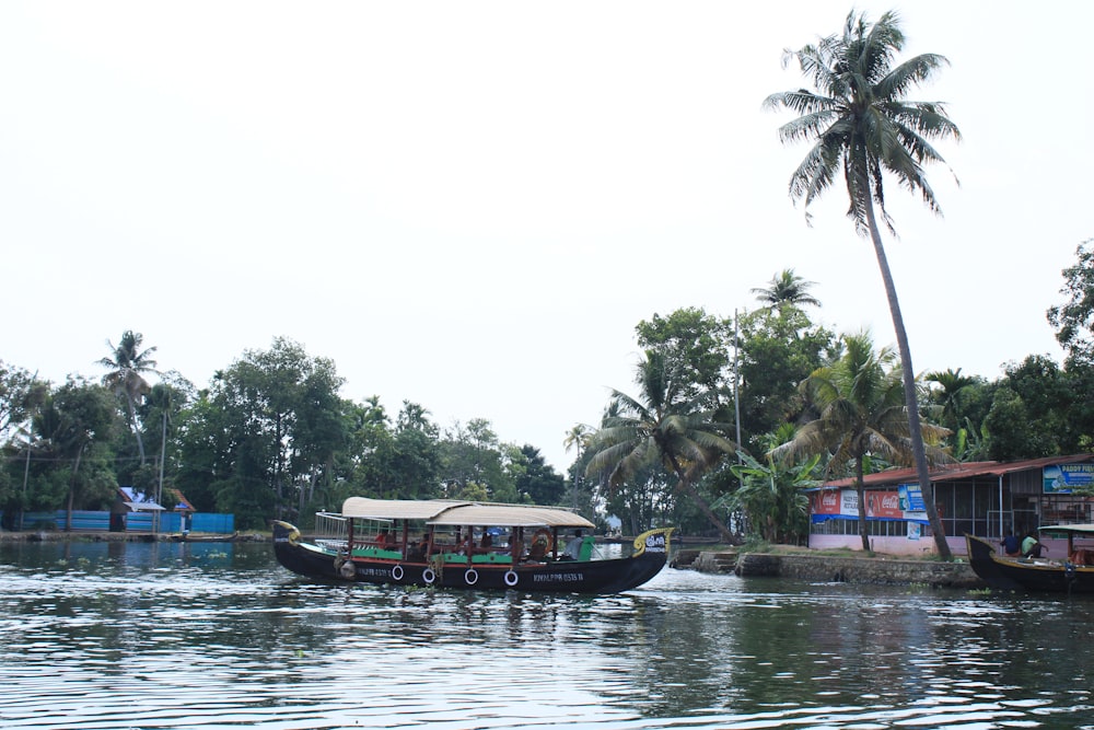 a boat is traveling down a river with palm trees in the background