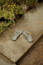 A pair of soft, gray non-slip slippers resting on a bathroom floor with water droplets nearby.