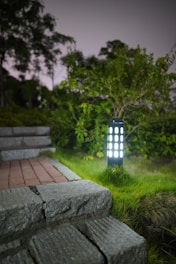 A serene nighttime garden scene featuring a small stone staircase leading to a brick path. A modern cylindrical lamp illuminates the green grass and surrounding leafy bushes, casting a gentle glow. The trees in the background are partially visible against the dimly lit sky.