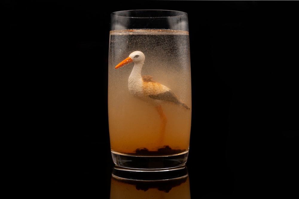 a tall glass filled with liquid and a bird