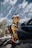 A pair of yellow and black mountaineering boots with crampons attached, resting on rocky terrain. The background shows a blurred, snowy mountain landscape, indicating a high-altitude environment.