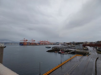 Workers inspecting imported building materials at the docks under cloudy sky