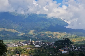 A peaceful village nestled in lush green valleys with terraced fields.