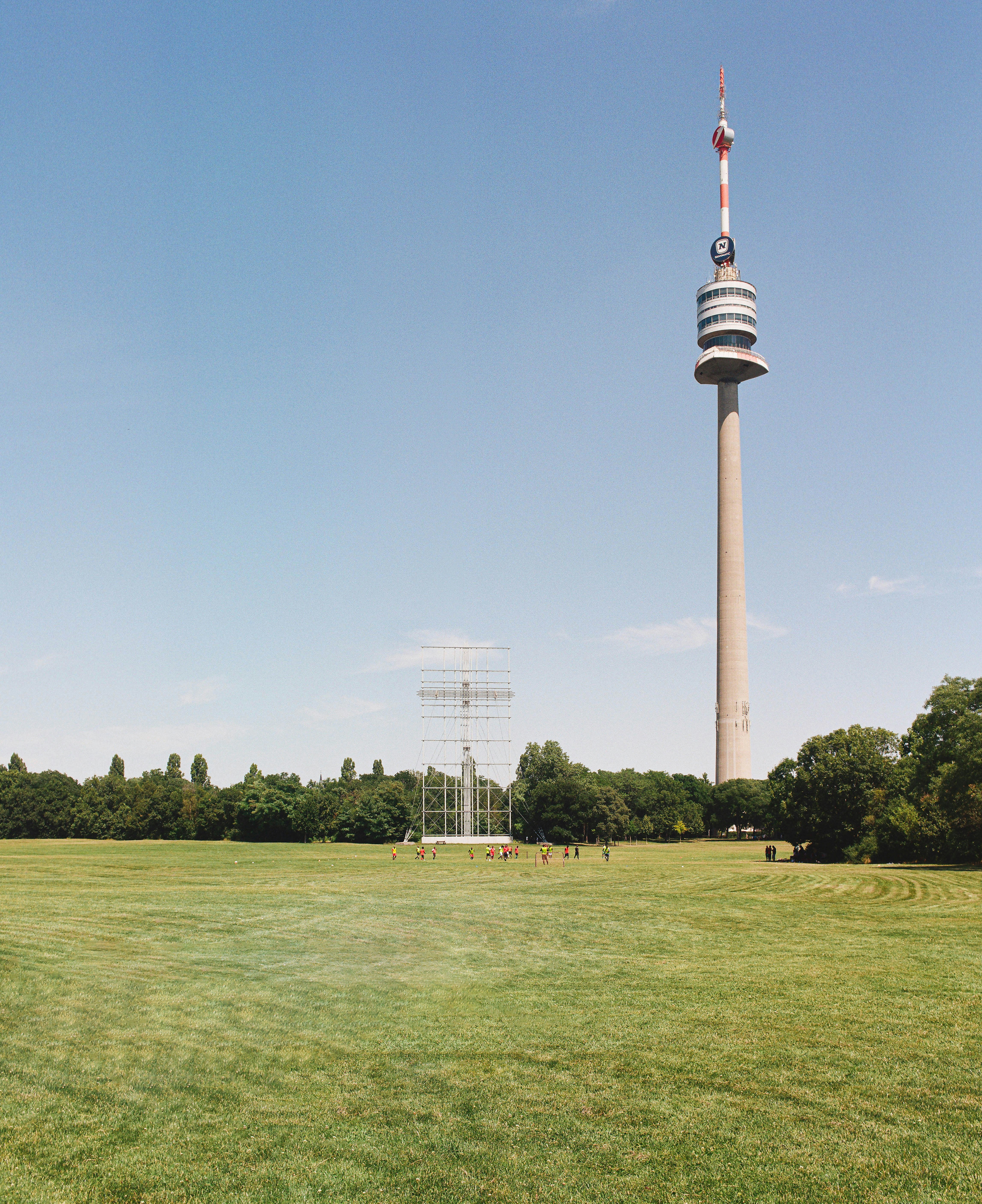 eine große Wiese mit einem hohen Turm im Hintergrund