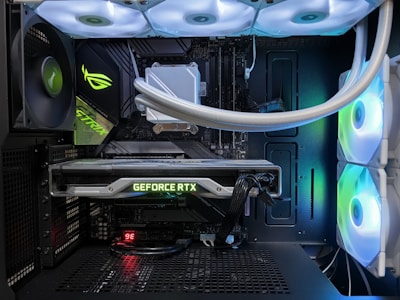 Custom-built gaming PC setup with glowing graphics card