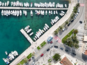 An aerial view of a marina featuring numerous small boats moored along a dock. The water is a deep turquoise, creating a striking contrast with the white boats. Adjacent to the marina is a road lined with palm trees and parked cars. The area includes pedestrian crossings and sidewalks, indicating a waterfront promenade. Green spaces and sidewalks are visible, suggesting a developed urban environment.