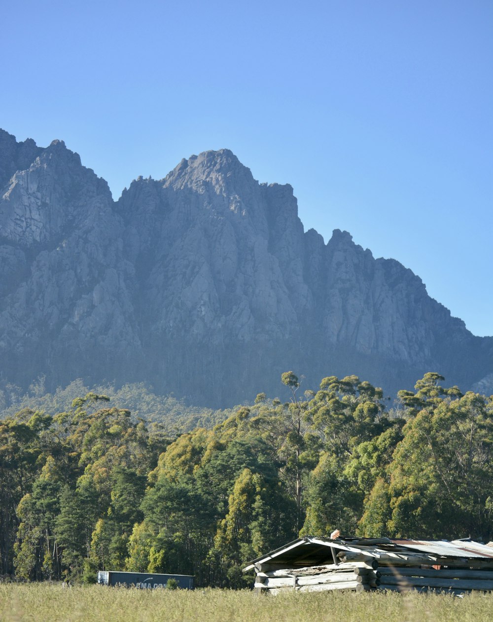 a boat is sitting in a field with mountains in the background