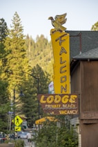 A retro-style sign for Falcon Lodge with a depiction of a falcon perched on top. The sign prominently features the words 'Lodge', 'Private Beach', and 'Vacancy' in bold yellow letters against a brown background. The setting includes a few pine trees under a clear sky, suggesting a mountainous or forested area. A pedestrian is visible in the distance, and other signs and lamp posts line the street.