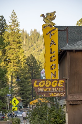 A retro-style sign for Falcon Lodge with a depiction of a falcon perched on top. The sign prominently features the words 'Lodge', 'Private Beach', and 'Vacancy' in bold yellow letters against a brown background. The setting includes a few pine trees under a clear sky, suggesting a mountainous or forested area. A pedestrian is visible in the distance, and other signs and lamp posts line the street.