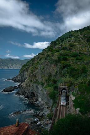 A picturesque coastal scene featuring a train emerging from a tunnel embedded in a rugged cliffside. Greenery covers the steep hill, with terraced vineyards visible. The ocean stretches out alongside the rocky shoreline, and a partly cloudy sky adds depth to the landscape.