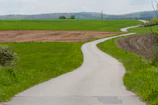 Farm access road winding through lush green fields with distant farm buildings