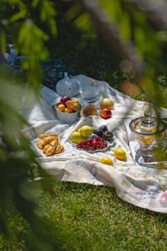 A cozy picnic setup on a grassy area features a white blanket adorned with an assortment of fresh fruits such as apples, pears, and cherries, along with a bowl of assorted pastries. A glass teapot and cups complement the spread, creating a serene outdoor dining experience. Surrounding branches provide a natural frame to the scene, suggesting a peaceful, shaded setting.