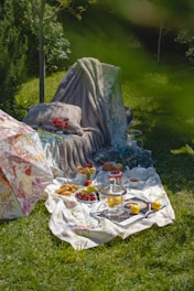 A cozy picnic setup is arranged on a lush green lawn. A soft, gray knit blanket and a floral cloth are spread out, displaying an assortment of items. Fruits such as apples and cherries are neatly placed alongside a small cake with red icing. A cup of tea, a teapot, and a few pastries complement the scene, with a decorative umbrella adding a whimsical touch. Sunlight dapples the grass and blankets, creating a serene and inviting atmosphere.