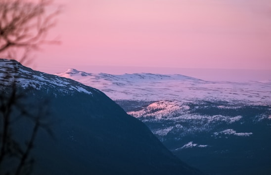 A serene snowy mountain landscape with a faint silhouette of a Chinese temple and bamboo, bathed in pastel sunset light.