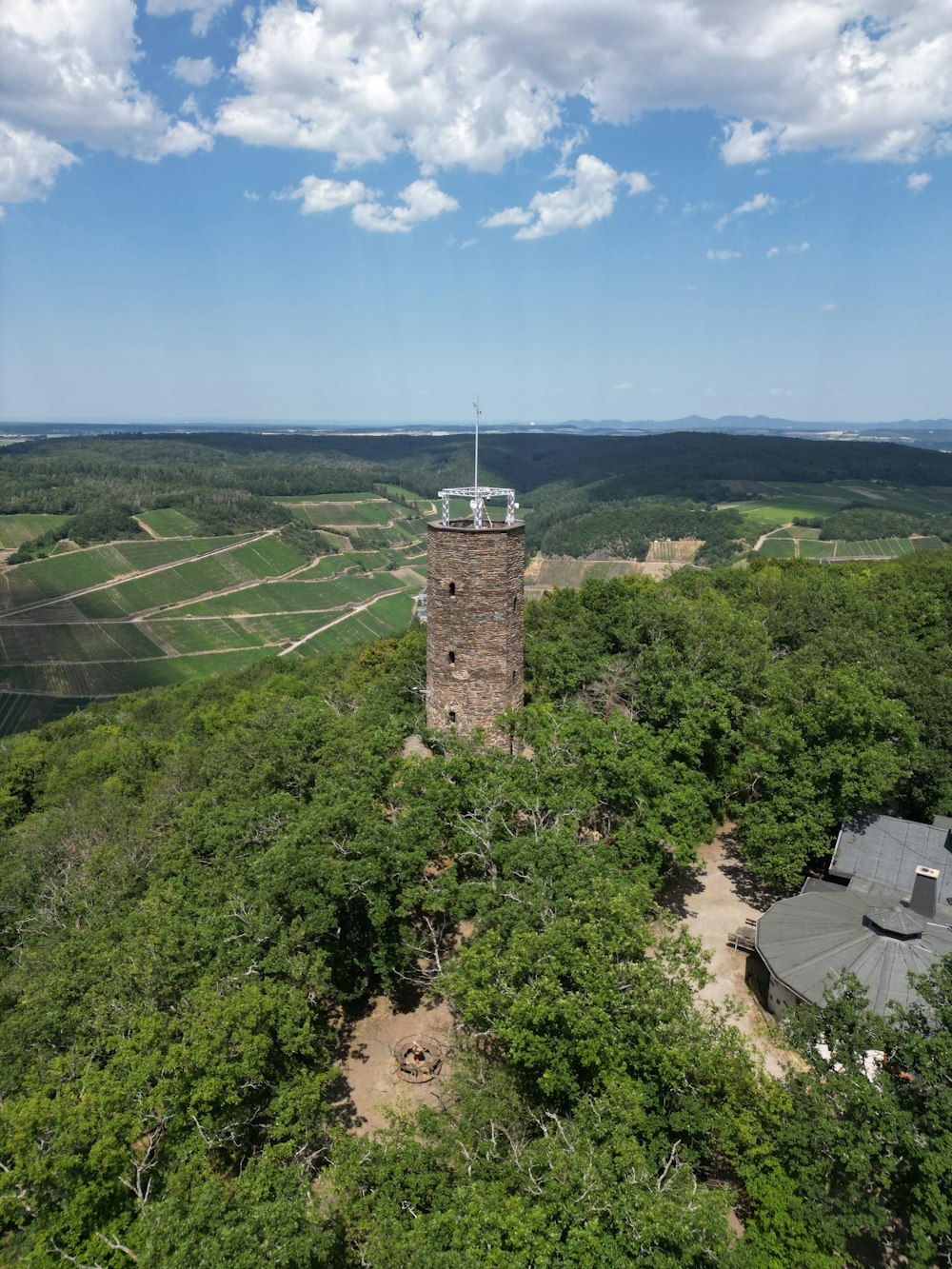 a tall tower sitting on top of a lush green forest