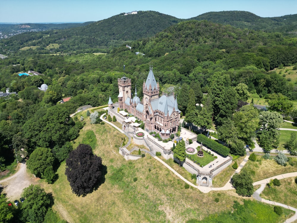 an aerial view of a castle surrounded by trees