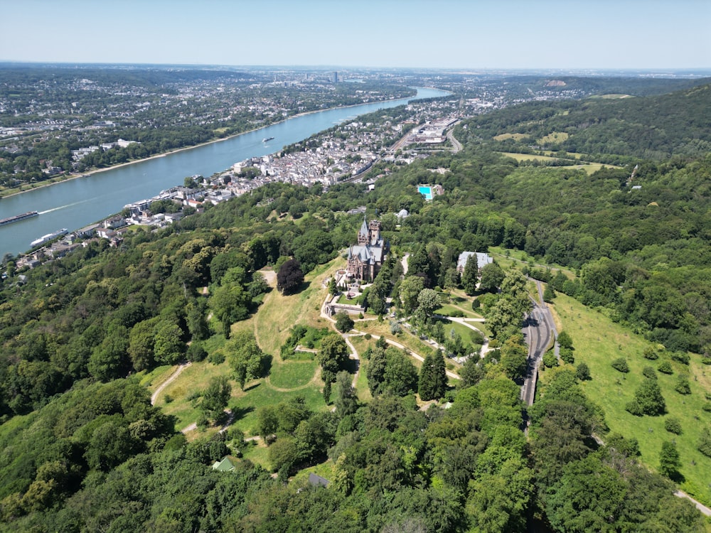 an aerial view of a city and a river