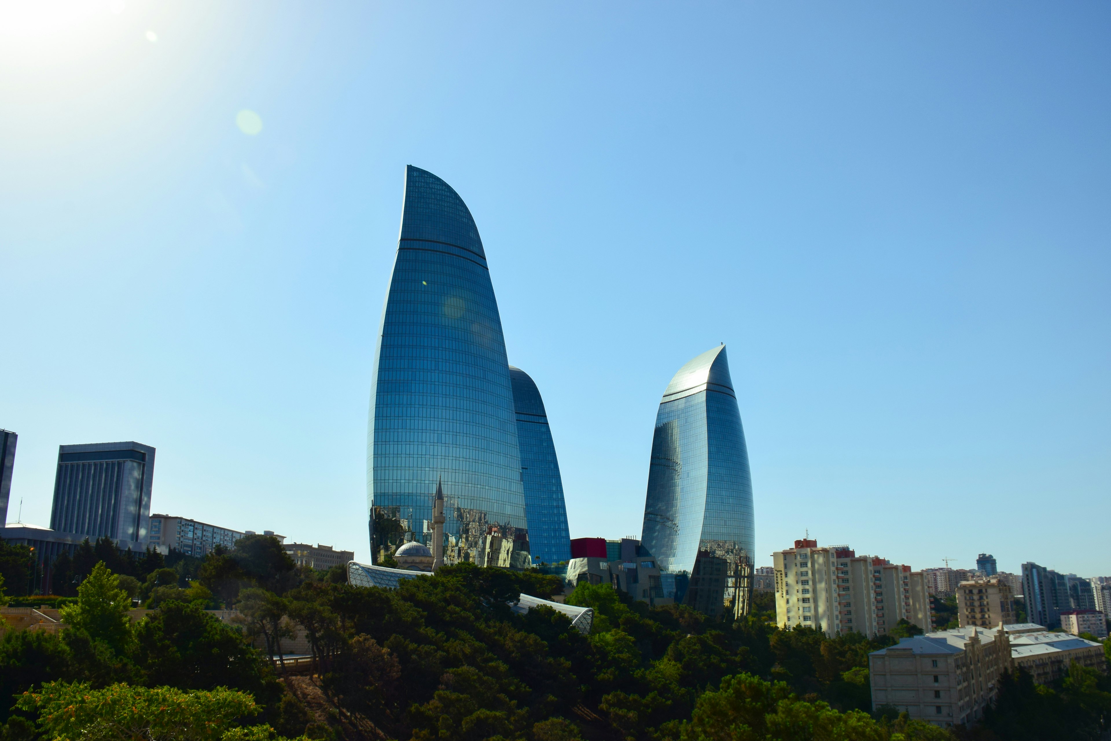 Baku Flame Towers illuminated at night