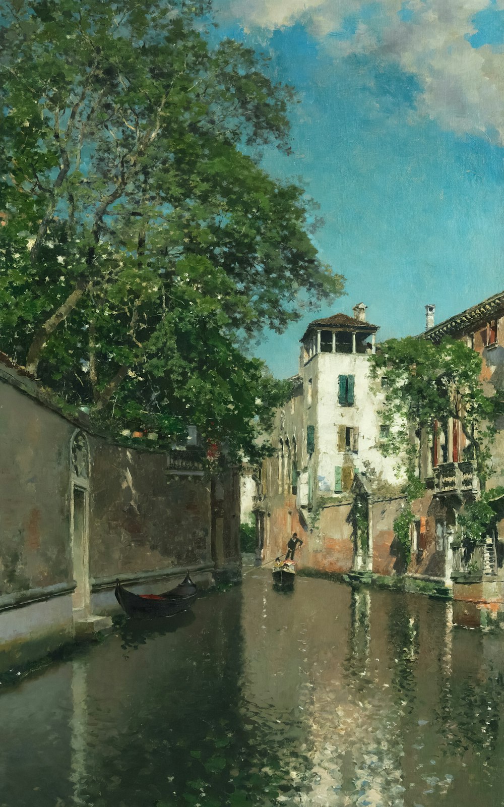 uma pintura de um canal com um edifício ao fundo