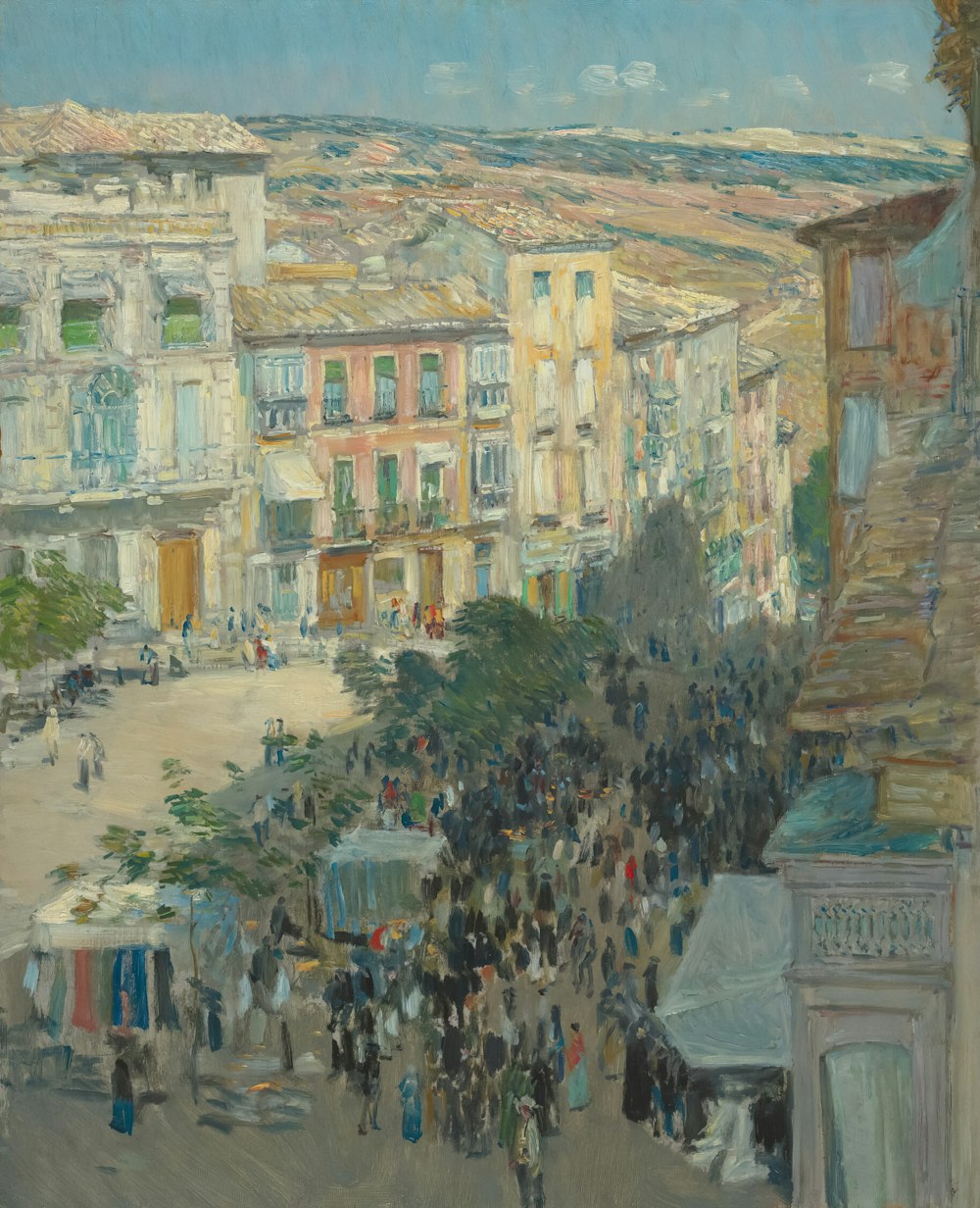 uma pintura de uma multidão de pessoas caminhando por uma rua