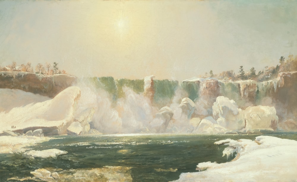 a painting of a waterfall in the snow