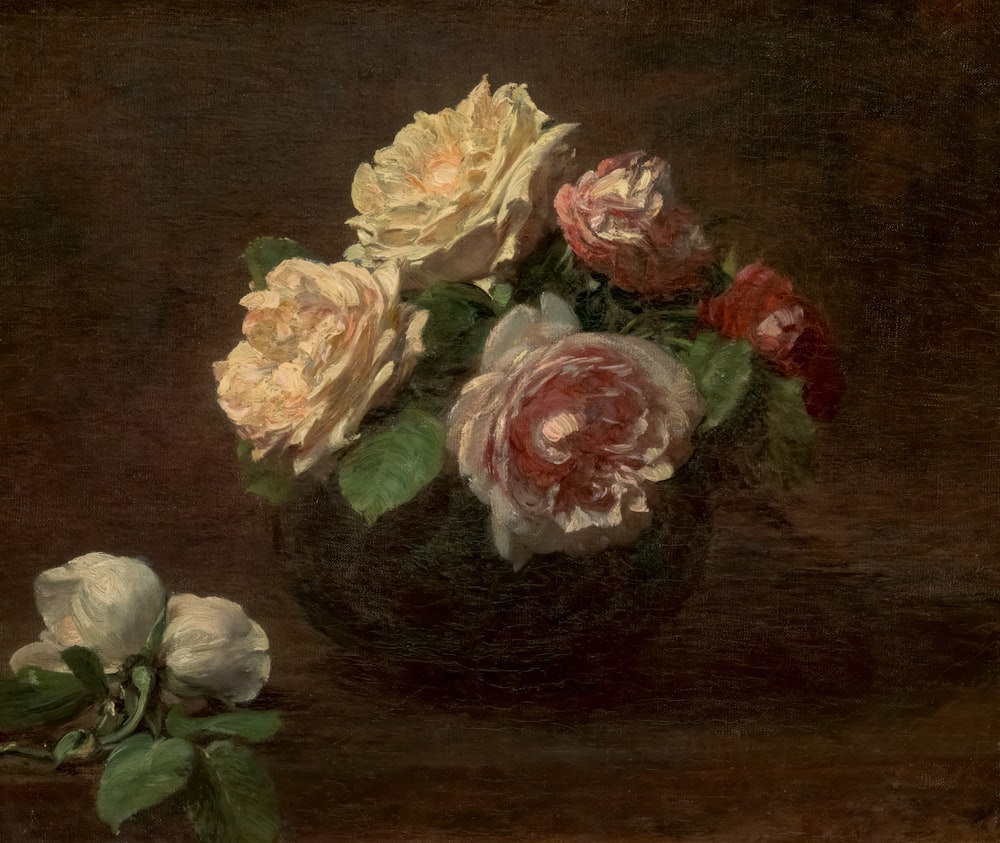 a painting of flowers in a vase on a table