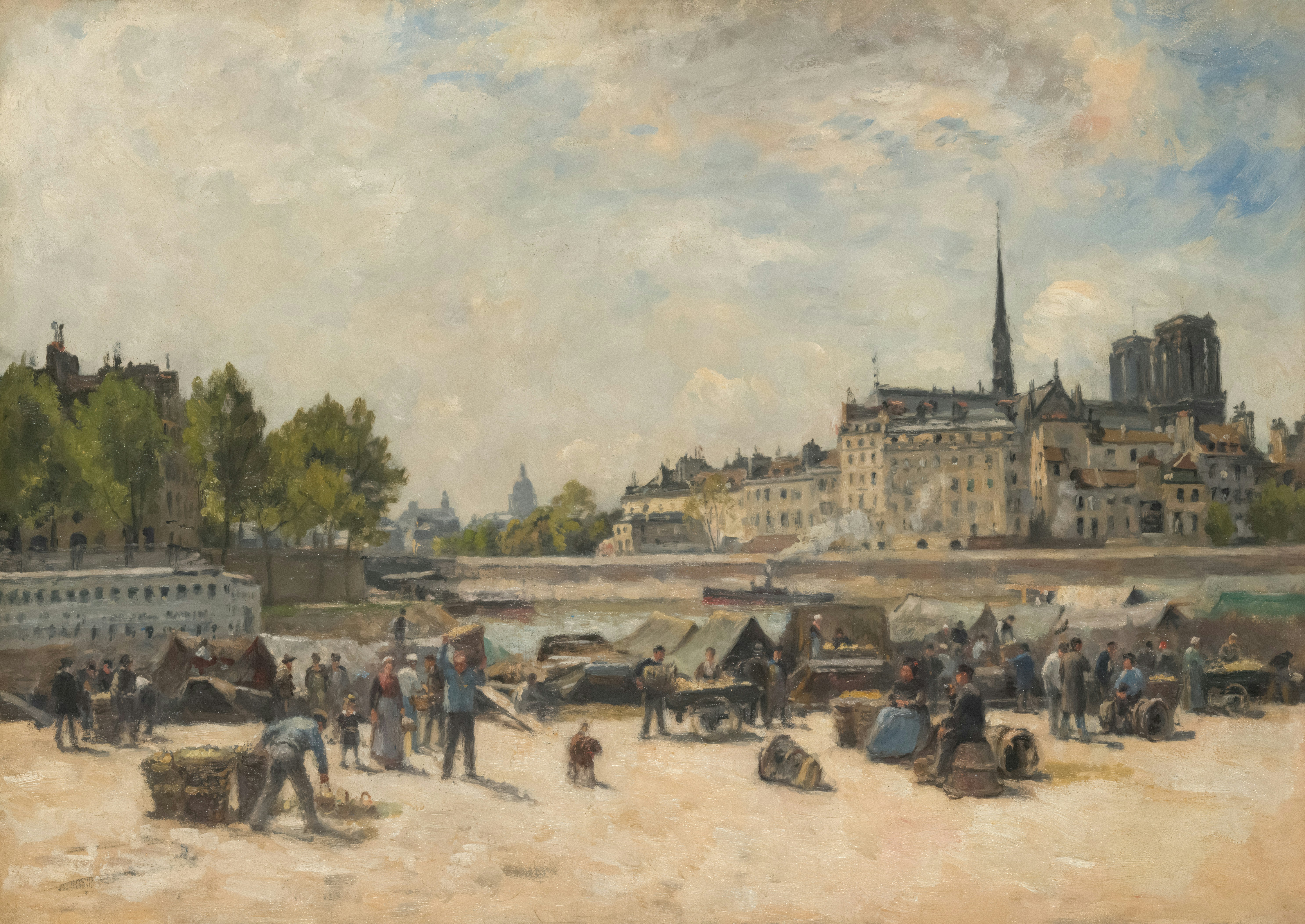 a painting of people on a beach with buildings in the background