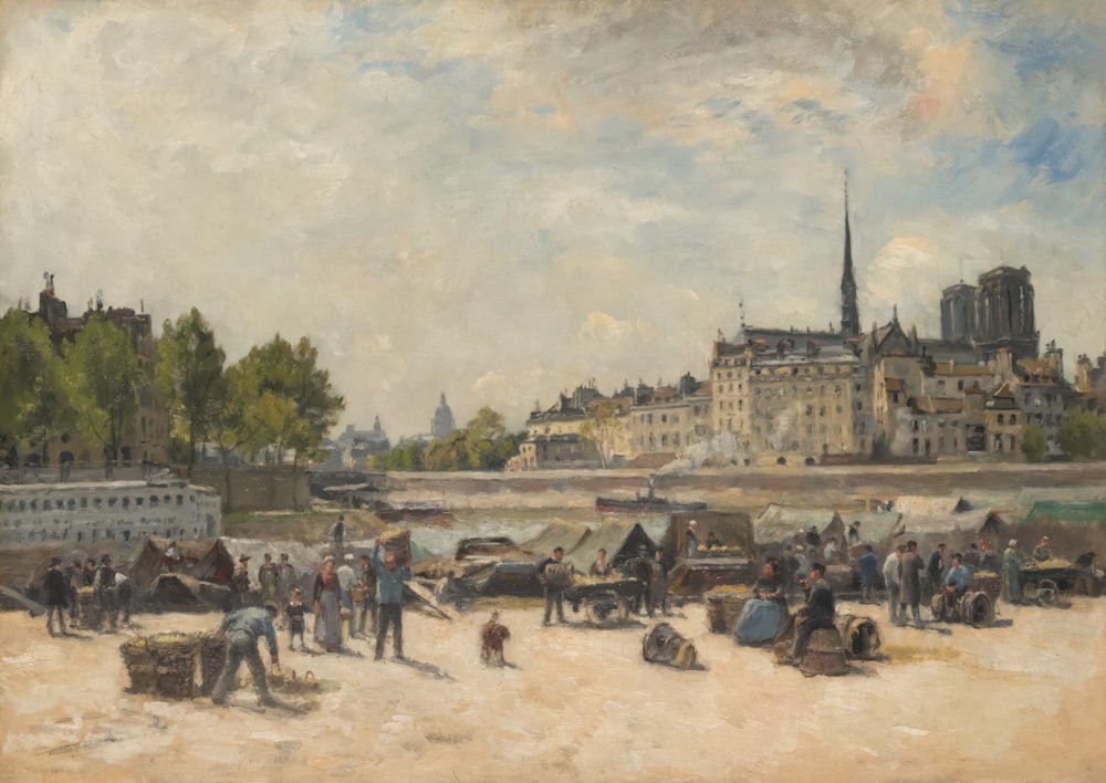 a painting of people on a beach with buildings in the background