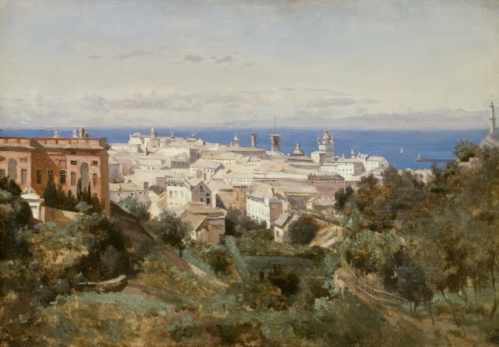 a painting of a view of a city from a hill