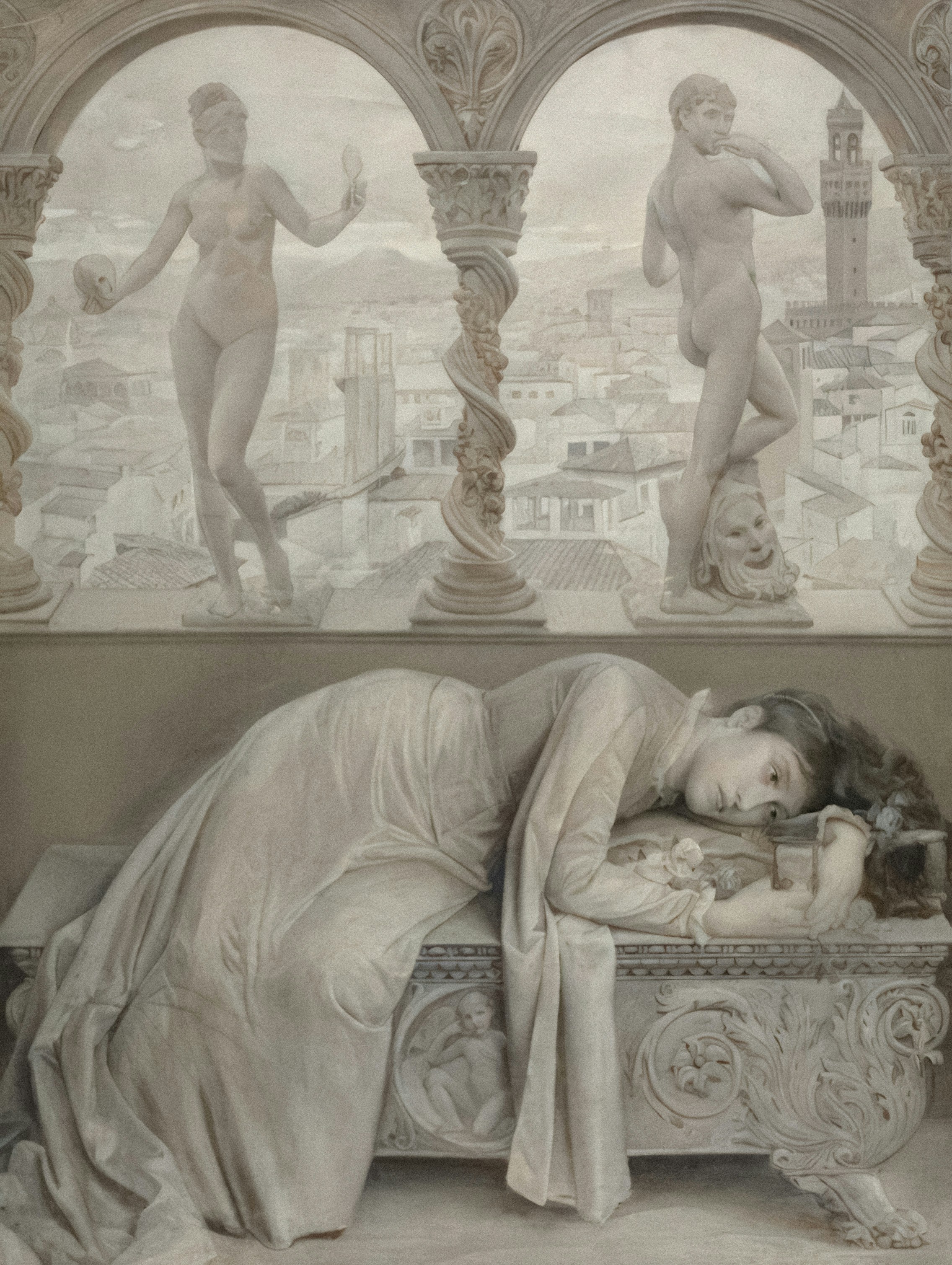 a drawing of a woman laying on a bed