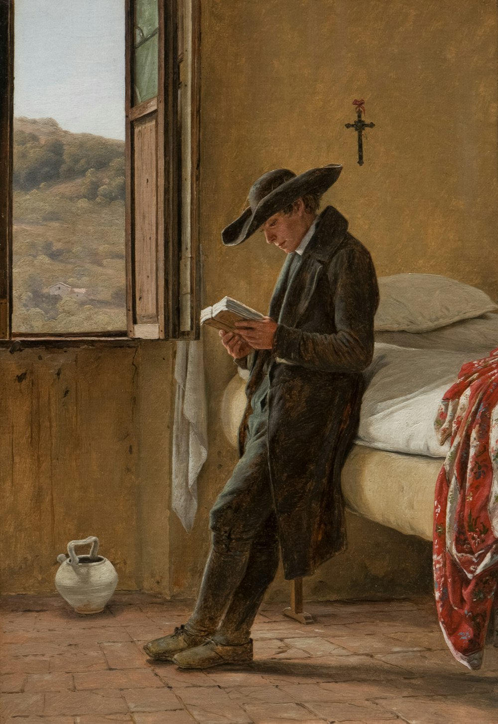 a painting of a man sitting on a bed reading a book