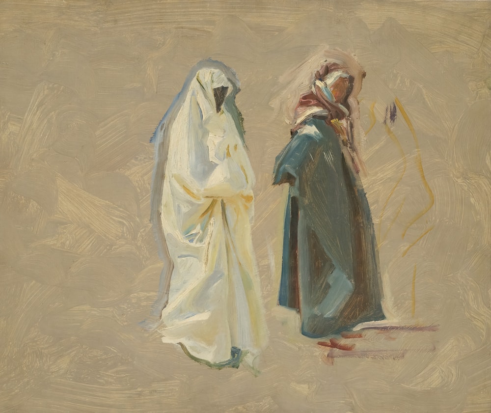 ein Gemälde von zwei Menschen, die nebeneinander stehen