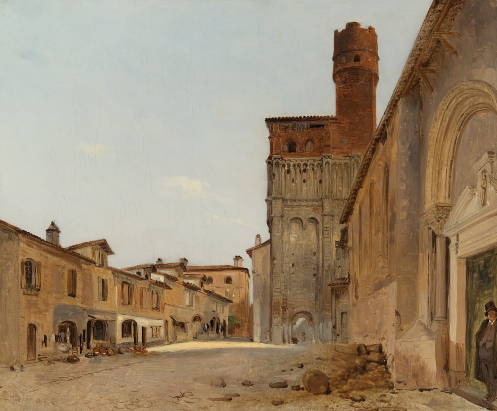 a painting of a street with a building in the background